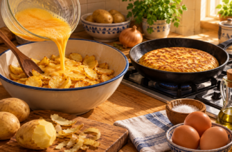 Ilustración de una tortilla casera con patatas de bolsa en una cocina