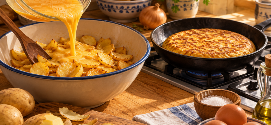 Ilustración de una tortilla casera con patatas de bolsa en una cocina